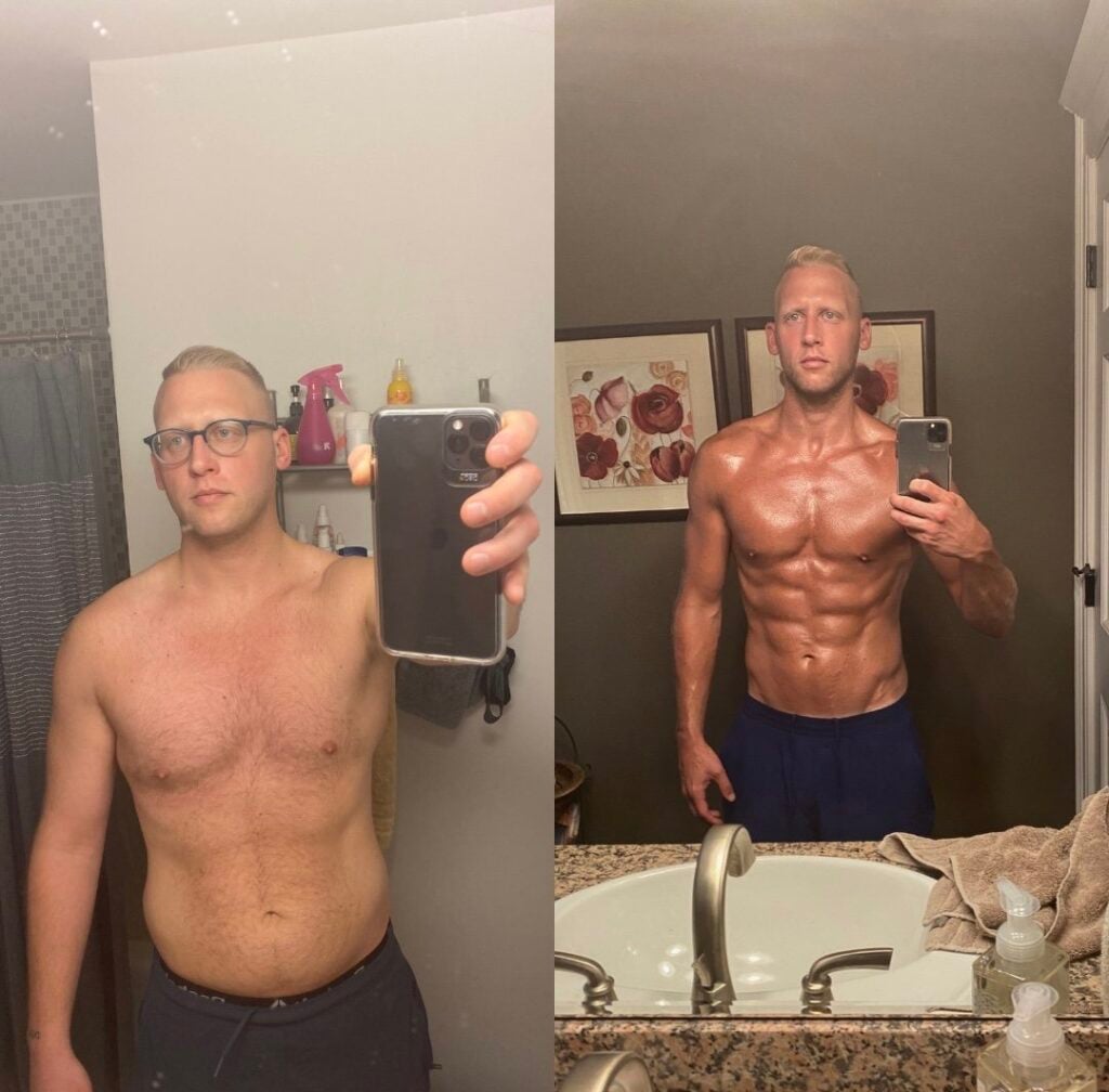 Before and after of guy who has gotten shredded